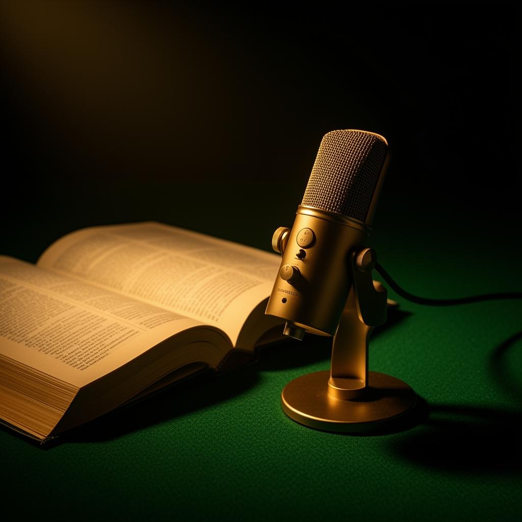 A gold podcast microphone beside an open hardcover book on a deep green felt surface.
